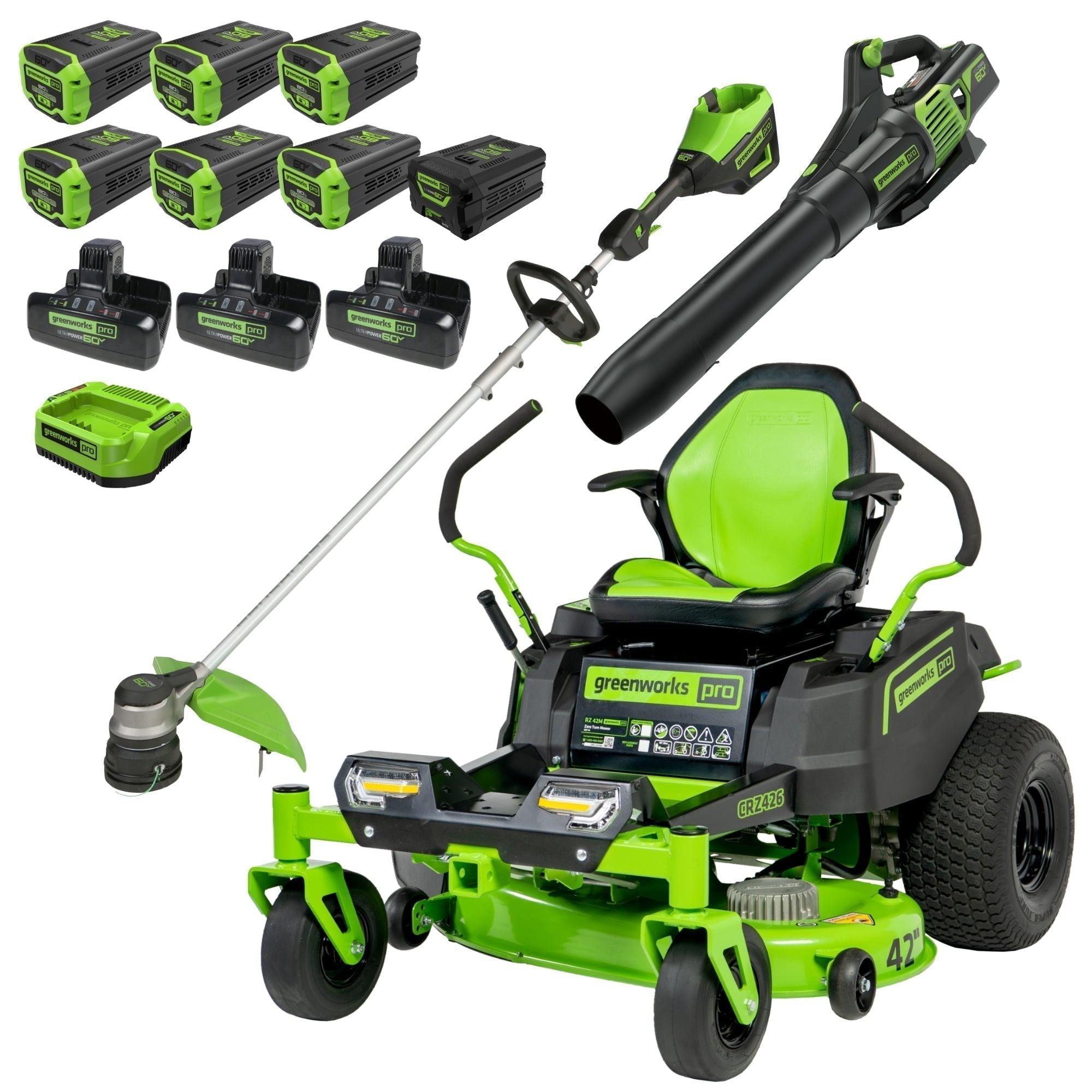 60V 42″ Cordless Battery CrossoverZ Zero Turn Riding Lawn Mower 3-Tool Combo Kit w/ (6) 8Ah Batteries, One(1) 2.5Ah Battery & Four (4) Chargers - Image 1